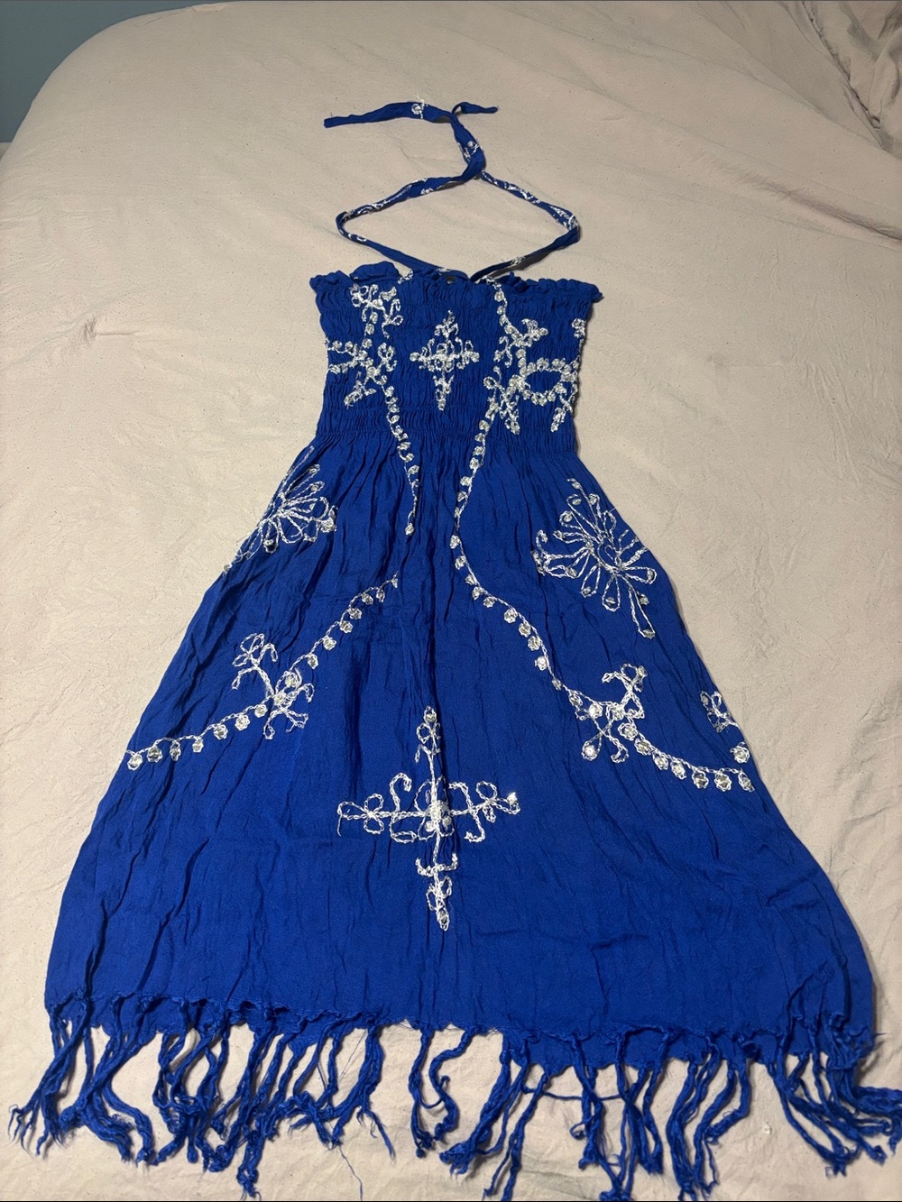 Blue Embroidered Halter Dress - Women